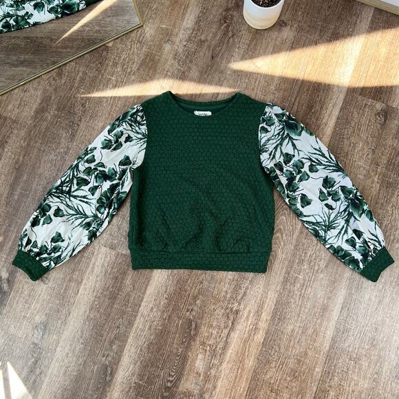 Porridge Anthropologie Women's Green Textured Pullover Botanical Sleeves - Picture 1 of 6